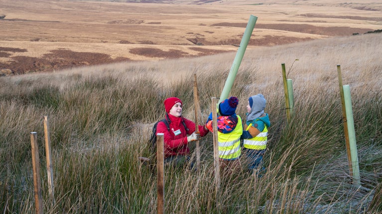 Children help plant trees at Pule Hill on Marsden Moor in West Yorkshire